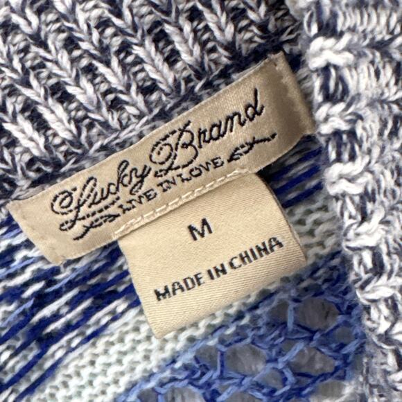 Lucky Brand Cardigan Women M Blue Long Open Front Knit Boho Striped Pockets - Picture 2 of 10